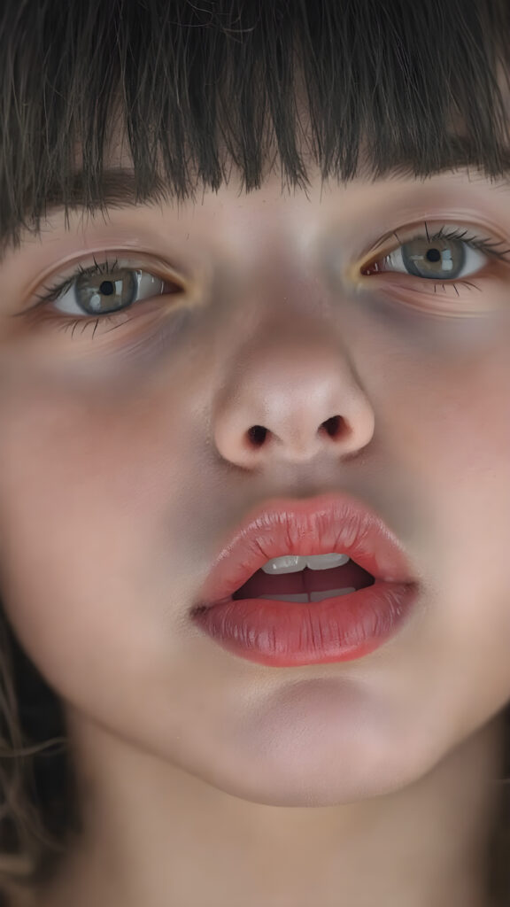a beautifully close up portrait features of a young teen girl, with hyper realistic, ultra high definition skin texture and glossy lipstick-adorned full lips, the scene is captured in a high-resolution, 8K setting, under a soft, diffused light, super straight jet black hair, bangs, open mouth, seductive