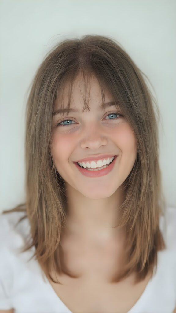 a beautifully captured moment where a (((teen girl))) with (((straight, soft brown and black hair, bob cut))), which is parted slightly to the side, is open mouth and smiling with warm and inviting expression. She's also got (((perfectly shaped teeth))), as visible in the advanced (((full body view))), where the focus is on her face and full lips, giving off an air of natural allure. She's dressed in a (((low-cut, cropped white t-shirt))), which accentuates her toned body even more. Her face and body are perfectly proportioned, with a 16-year-old girl's petite frame, which is further accentuated by her short, tight white t-shirt. This captures a truly youthful and innocent vibe, reminiscent of a high-quality 8K image, perfect for a fashion or beauty inspiration
