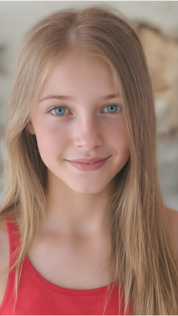 a beautifully drawn (((very young, petite and cute teen girl), with an exceptionally long, straight and thick, jet amber hair that reaches the middle of her ears and lightly curls around her face), with a fair complexion and (super realistic, vividly blue eyes) that match her perfectly symmetrical face. Her smile is bright and cheerful, and her face is perfectly symmetrical. (((She wears a sleek, modern and tight red tank top that perfectly complements her youthful figure, accentuating her perfect legs))) (((The scene is captured in a (very high resolution photo), at 8K resolution, with optimal brightness and clarity. The lighting is softly natural, as if capturing her in a moment of serenity. Her focus is on her full face, with the camera capturing her perfectly symmetrical features and detailed, hyper realistic skin.