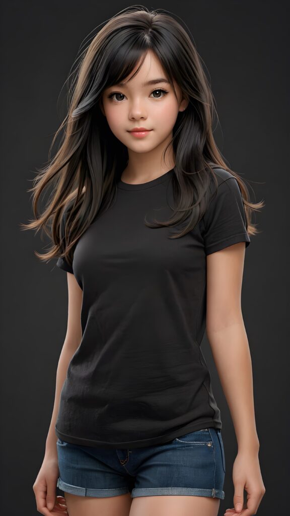 a beautifully drawn (((full body photo))), capturing a young ((teen girl)) with an realistic looking (((black thick, straight soft hair))), (realistic looking eyes) that convey a sense of warmth and vitality, dressed in a soft, ((black t-sirt)) that complements her natural-toned figure, embodying a youthful, innocent yet (mature) beauty that exudes confidence and allure. ((Black background))