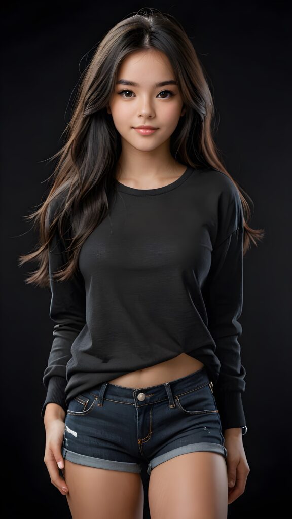 a beautifully drawn (((full body photo))), capturing a young ((teen girl)) with an realistic looking (((black thick, straight soft hair))), (realistic looking eyes) that convey a sense of warmth and vitality, dressed in a soft, ((black t-sirt)), ((short jeans pants)) that complements her natural-toned figure, embodying a youthful, innocent yet (mature) beauty that exudes confidence and allure. ((Black background))