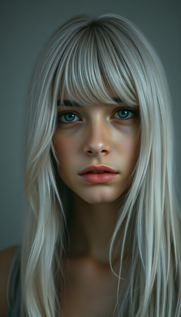 a beautifully drawn (brown-skinned teen emo girl) with flowing, softly waving (straight white hair) framing her face in side bangs and highlighted by a contrasting light blue complexion, expressing a poignant feeling of melancholy and emotional detachment, set against a softly grey (backdrop)