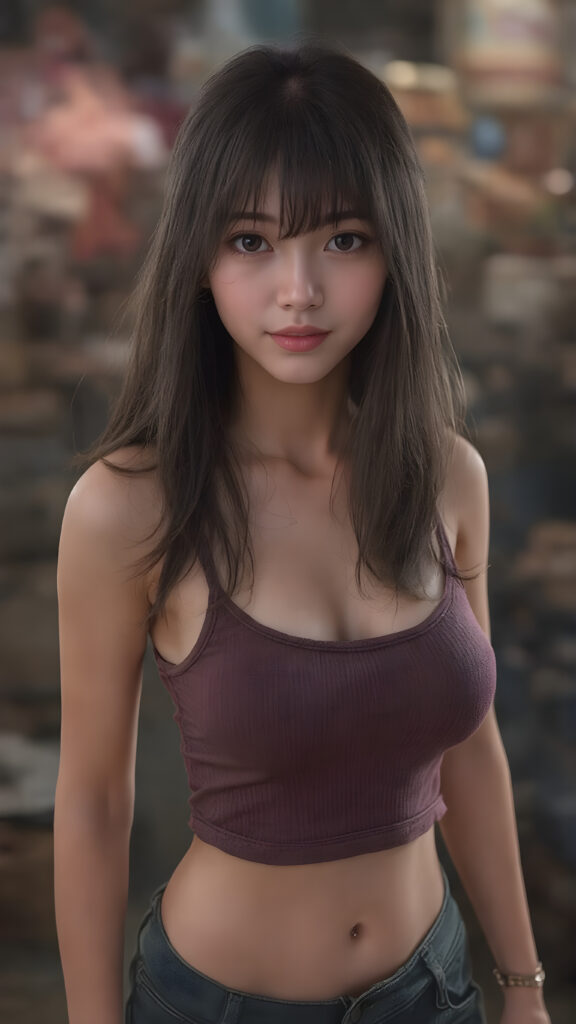 a beautifully drawn (((super realistic Japanese teen girl))), with a curvy figure and intricate details, dressed in a (((super short, tight tank top))), paired with a (((round, short mini skirt))), poised in a playfully confident pose, with long, flowing hair and striking, perfectly detailed eyes