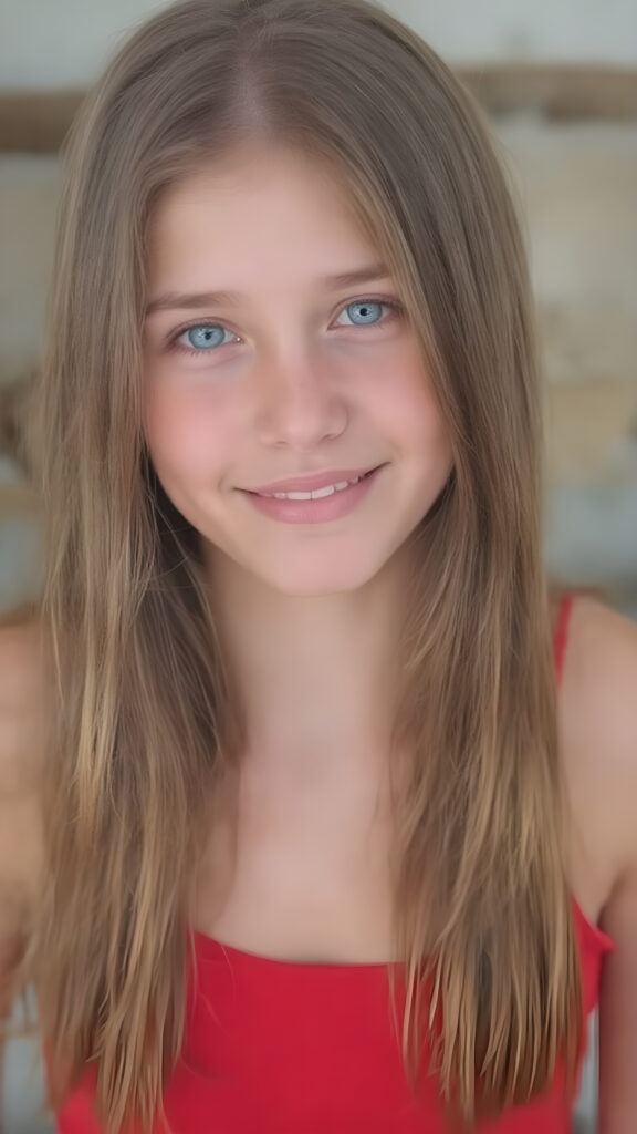 a beautifully drawn (((very young, petite and cute teen girl), with an exceptionally long, straight and thick, jet amber hair that reaches the middle of her ears and lightly curls around her face), with a fair complexion and (super realistic, vividly blue eyes) that match her perfectly symmetrical face. Her smile is bright and cheerful, and her face is perfectly symmetrical. (((She wears a sleek, modern and tight red tank top that perfectly complements her youthful figure, accentuating her perfect legs))) (((The scene is captured in a (very high resolution photo), at 8K resolution, with optimal brightness and clarity. The lighting is softly natural, as if capturing her in a moment of serenity. Her focus is on her full face, with the camera capturing her perfectly symmetrical features and detailed, hyper realistic skin.