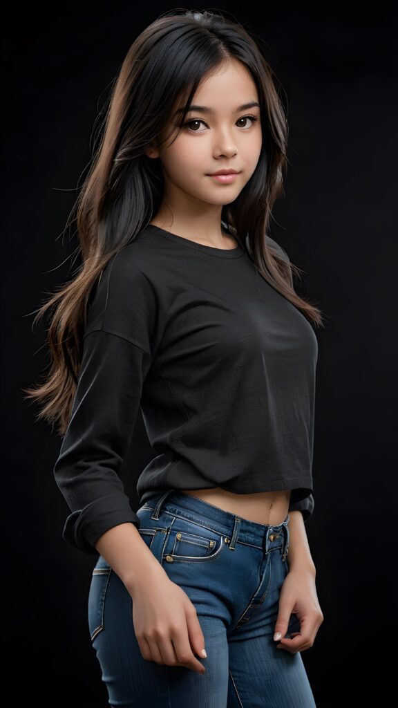 a beautifully drawn (((full body photo))), capturing a young ((teen girl)) with an realistic looking (((black thick, straight soft hair))), (realistic looking eyes) that convey a sense of warmth and vitality, dressed in a soft, ((black t-sirt)), ((short jeans pants)) that complements her natural-toned figure, embodying a youthful, innocent yet (mature) beauty that exudes confidence and allure. ((Black background))