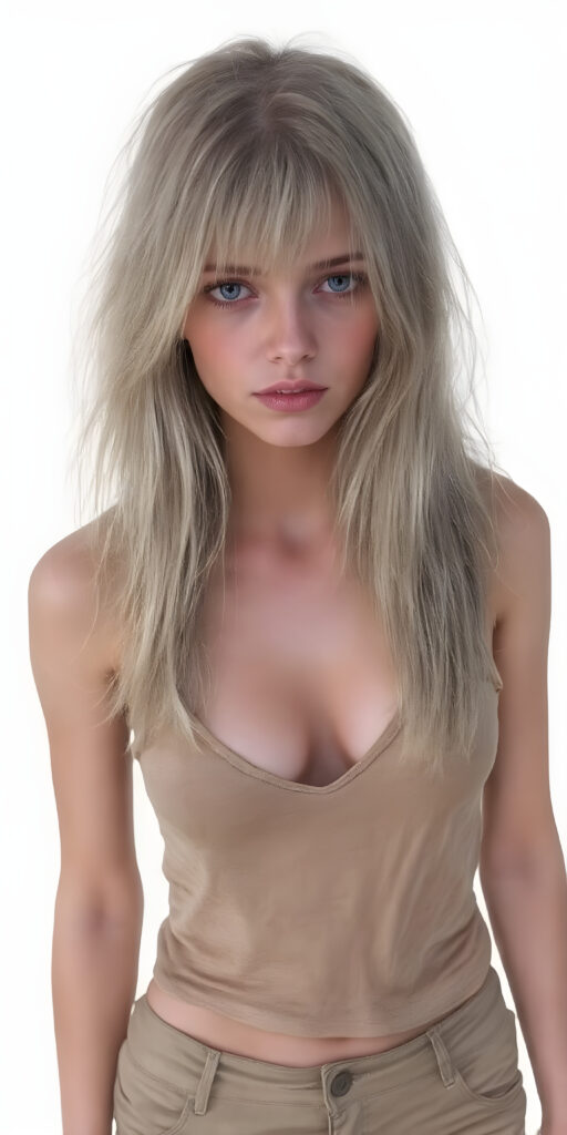 a beautifully drawn (((dirty busty teen girl))), with (((long straight blond messy hair))), (((silver skin))), and (((thin clothes))), wearing (((beige short pants))), sporting short tank top with deep v-neck, and (((dusty blue eyes))), perfect fit body, empty backdrop