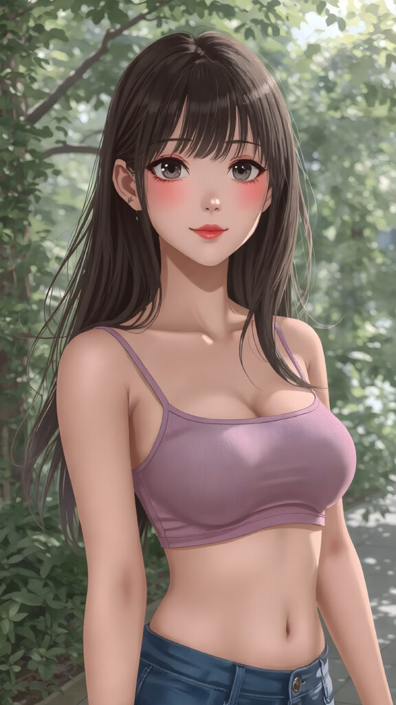 a beautifully drawn (((super realistic well busty Japanese teen girl))), with a curvy figure and intricate details, dressed in a (((super short, tight tank top))), paired with a (((round, short mini skirt))), poised in a playfully confident pose, with long, flowing hair and striking, perfectly detailed eyes, sunny green backdrop in park