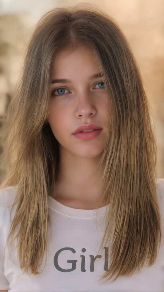 a beautifully drawn (((full body portrait))) of a (((young adult teen girl))), with striking ((straight soft brown and blond hair)), pale skin, and (((vividly bright red lips))), that gives her face a youthful and inviting expression. She's dressed in a ((white cropped t-shirt)), with the letters ''Girl'' printed on the front. Her hair is long, flowing, and cascading down her back, capturing the sun's rays and creating a vivid contrast against her skin. The background is a warm, inviting summer setting, enhancing the cool and inviting atmosphere