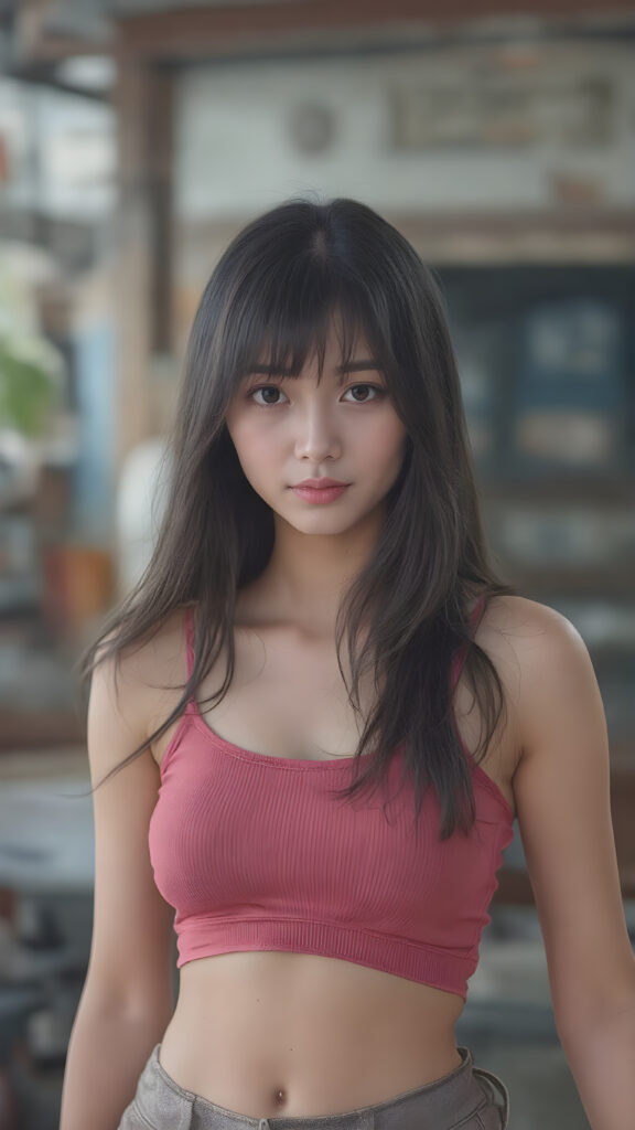 a beautifully drawn (((super realistic Japanese teen girl))), with a curvy figure and intricate details, dressed in a (((super short, tight tank top))), paired with a (((round, short mini skirt))), poised in a playfully confident pose, with long, flowing hair and striking, perfectly detailed eyes