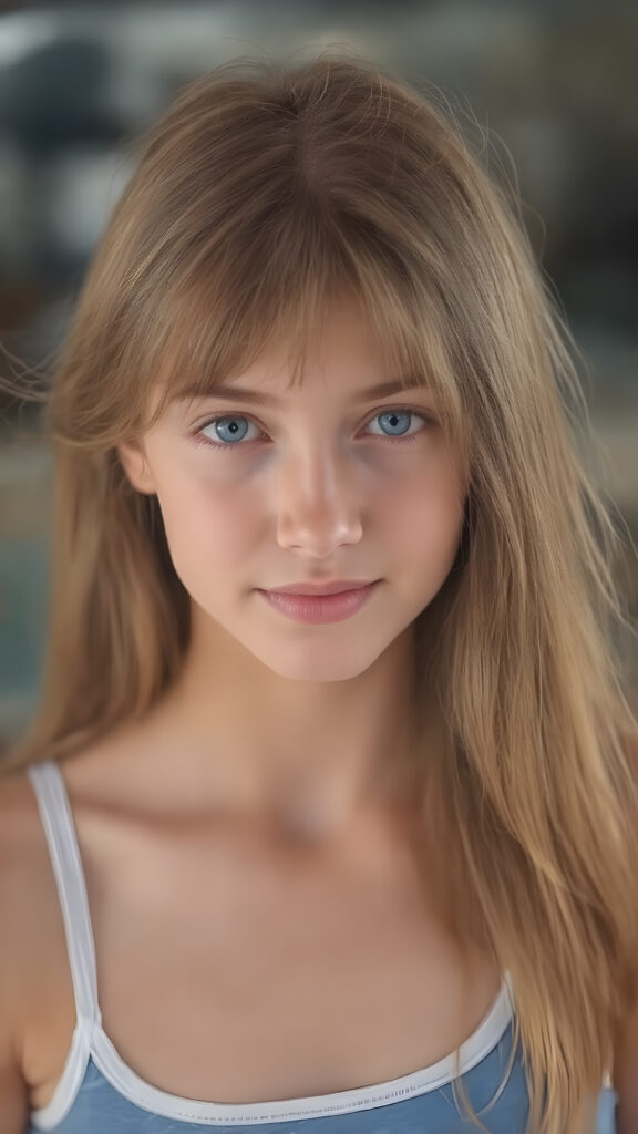 a beautifully drawn (((very young, petite and cute teen girl), with an exceptionally long, straight and thick, jet amber hair that reaches the middle of her ears and lightly curls around her face), with a fair complexion and (super realistic, vividly blue eyes) that match her perfectly symmetrical face. Her smile is bright and cheerful, and her face is perfectly symmetrical. (((She wears a sleek, modern and tight (white and blue) tank top that perfectly complements her youthful figure, accentuating her perfect legs))) (((The scene is captured in a (very high resolution photo), at 8K resolution, with optimal brightness and clarity. The lighting is softly natural, as if capturing her in a moment of serenity. Her focus is on her full face, with the camera capturing her perfectly symmetrical features and detailed, hyper realistic skin.