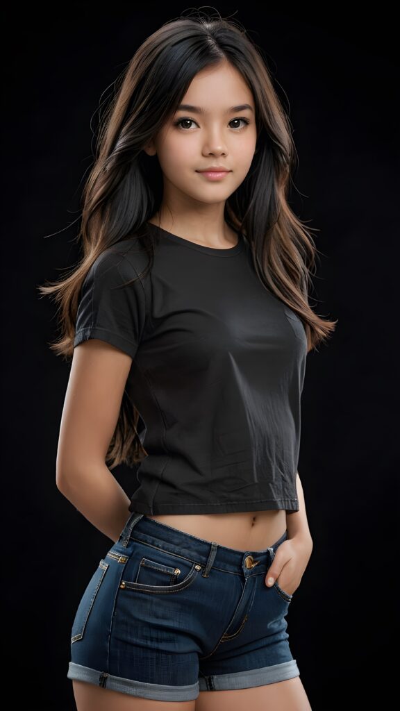 a beautifully drawn (((full body photo))), capturing a young ((teen girl)) with an realistic looking (((black thick, straight soft hair))), (realistic looking eyes) that convey a sense of warmth and vitality, dressed in a soft, ((black t-sirt)), ((short jeans pants)) that complements her natural-toned figure, embodying a youthful, innocent yet (mature) beauty that exudes confidence and allure. ((Black background))