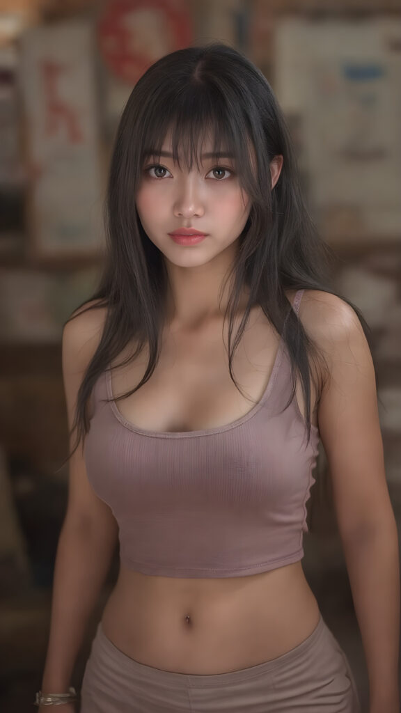 a beautifully drawn (((super realistic Japanese teen girl))), with a curvy figure and intricate details, dressed in a (((super short, tight tank top))), paired with a (((round, short mini skirt))), poised in a playfully confident pose, with long, flowing hair and striking, perfectly detailed eyes
