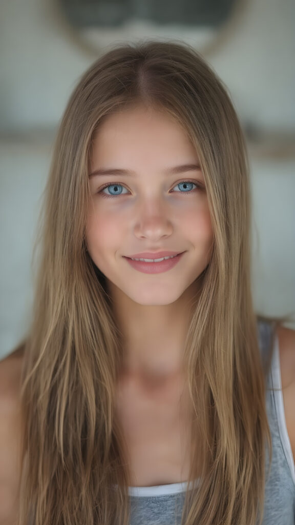 a beautifully drawn (((very young, petite and cute teen girl), with an exceptionally long, straight and thick, jet amber hair that reaches the middle of her ears and lightly curls around her face), with a fair complexion and (super realistic, vividly blue eyes) that match her perfectly symmetrical face. Her smile is bright and cheerful, and her face is perfectly symmetrical. (((She wears a sleek, modern and tight (white and blue) tank top that perfectly complements her youthful figure, accentuating her perfect legs))) (((The scene is captured in a (very high resolution photo), at 8K resolution, with optimal brightness and clarity. The lighting is softly natural, as if capturing her in a moment of serenity. Her focus is on her full face, with the camera capturing her perfectly symmetrical features and detailed, hyper realistic skin.