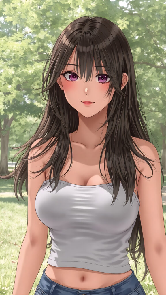 a beautifully drawn (((super realistic well busty Japanese teen girl))), with a curvy figure and intricate details, dressed in a (((super short, tight tank top))), paired with a (((round, short mini skirt))), poised in a playfully confident pose, with long, flowing hair and striking, perfectly detailed eyes, sunny green backdrop in park