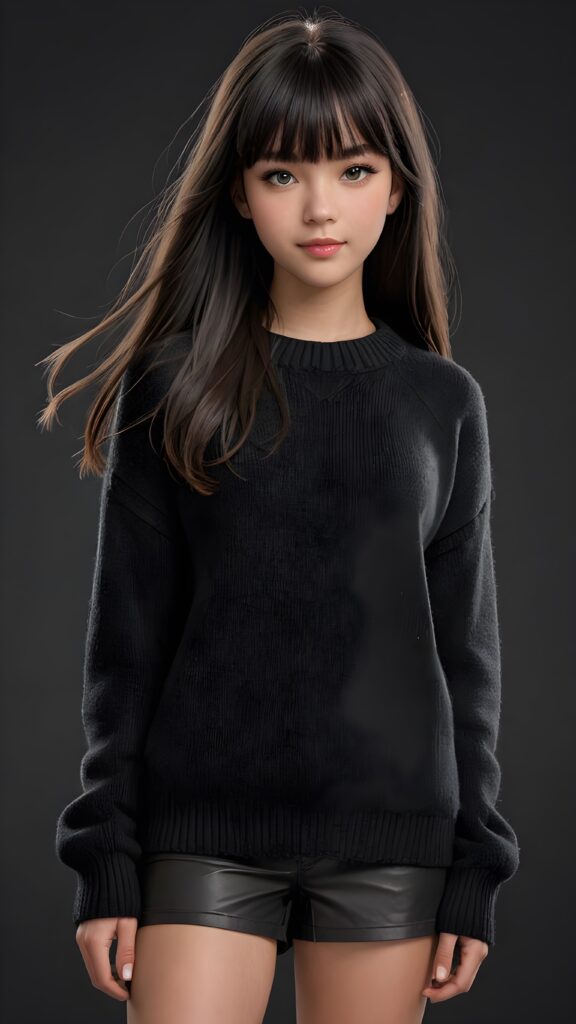 a beautifully drawn (((full body photo))), capturing a young ((teen girl)) with an realistic looking (((black thick, straight soft hair))), (realistic looking eyes) that convey a sense of warmth and vitality, dressed in a soft, ((black t-sirt)) that complements her natural-toned figure, embodying a youthful, innocent yet (mature) beauty that exudes confidence and allure. ((Black background))