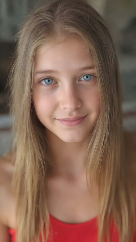 a beautifully drawn (((very young, petite and cute teen girl), with an exceptionally long, straight and thick, jet amber hair that reaches the middle of her ears and lightly curls around her face), with a fair complexion and (super realistic, vividly blue eyes) that match her perfectly symmetrical face. Her smile is bright and cheerful, and her face is perfectly symmetrical. (((She wears a sleek, modern and tight red tank top that perfectly complements her youthful figure, accentuating her perfect legs))) (((The scene is captured in a (very high resolution photo), at 8K resolution, with optimal brightness and clarity. The lighting is softly natural, as if capturing her in a moment of serenity. Her focus is on her full face, with the camera capturing her perfectly symmetrical features and detailed, hyper realistic skin.