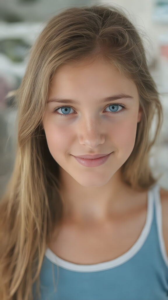 a beautifully drawn (((very young, petite and cute teen girl), with an exceptionally long, straight and thick, jet amber hair that reaches the middle of her ears and lightly curls around her face), with a fair complexion and (super realistic, vividly blue eyes) that match her perfectly symmetrical face. Her smile is bright and cheerful, and her face is perfectly symmetrical. (((She wears a sleek, modern and tight (white and blue) tank top that perfectly complements her youthful figure, accentuating her perfect legs))) (((The scene is captured in a (very high resolution photo), at 8K resolution, with optimal brightness and clarity. The lighting is softly natural, as if capturing her in a moment of serenity. Her focus is on her full face, with the camera capturing her perfectly symmetrical features and detailed, hyper realistic skin.
