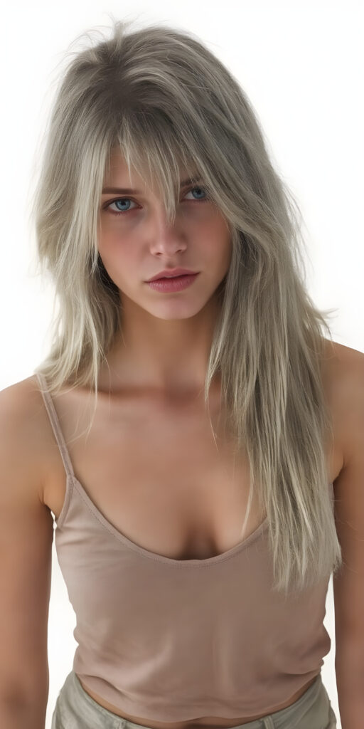 a beautifully drawn (((dirty busty teen girl))), with (((long straight blond messy hair))), (((silver skin))), and (((thin clothes))), wearing (((beige short pants))), sporting short tank top with deep v-neck, and (((dusty blue eyes))), perfect fit body, empty backdrop