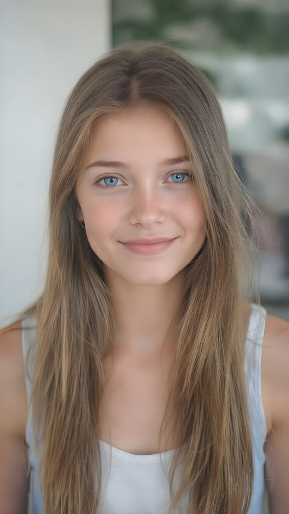 a beautifully drawn (((very young, petite and cute teen girl), with an exceptionally long, straight and thick, jet amber hair that reaches the middle of her ears and lightly curls around her face), with a fair complexion and (super realistic, vividly blue eyes) that match her perfectly symmetrical face. Her smile is bright and cheerful, and her face is perfectly symmetrical. (((She wears a sleek, modern and tight (white and blue) tank top that perfectly complements her youthful figure, accentuating her perfect legs))) (((The scene is captured in a (very high resolution photo), at 8K resolution, with optimal brightness and clarity. The lighting is softly natural, as if capturing her in a moment of serenity. Her focus is on her full face, with the camera capturing her perfectly symmetrical features and detailed, hyper realistic skin.
