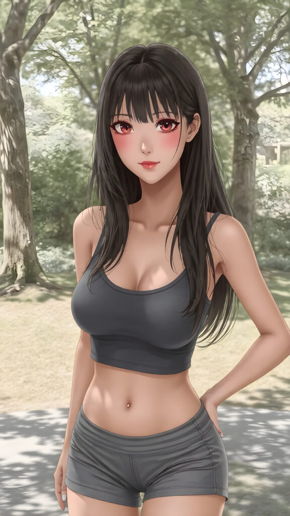 a beautifully drawn (((super realistic well busty Japanese teen girl))), with a curvy figure and intricate details, dressed in a (((super short, tight tank top))), paired with a (((round, short mini skirt))), poised in a playfully confident pose, with long, flowing hair and striking, perfectly detailed eyes, sunny green backdrop in park