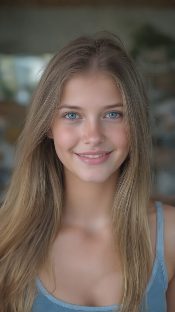 a beautifully drawn (((very young, petite and cute teen girl), with an exceptionally long, straight and thick, jet amber hair that reaches the middle of her ears and lightly curls around her face), with a fair complexion and (super realistic, vividly blue eyes) that match her perfectly symmetrical face. Her smile is bright and cheerful, and her face is perfectly symmetrical. (((She wears a sleek, modern and tight (white and blue) tank top that perfectly complements her youthful figure, accentuating her perfect legs))) (((The scene is captured in a (very high resolution photo), at 8K resolution, with optimal brightness and clarity. The lighting is softly natural, as if capturing her in a moment of serenity. Her focus is on her full face, with the camera capturing her perfectly symmetrical features and detailed, hyper realistic skin.
