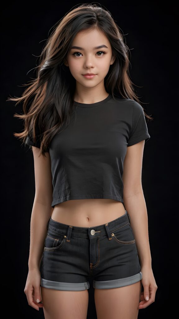 a beautifully drawn (((full body photo))), capturing a young ((teen girl)) with an realistic looking (((black thick, straight soft hair))), (realistic looking eyes) that convey a sense of warmth and vitality, dressed in a soft, ((black t-sirt)), ((short jeans pants)) that complements her natural-toned figure, embodying a youthful, innocent yet (mature) beauty that exudes confidence and allure. ((Black background))