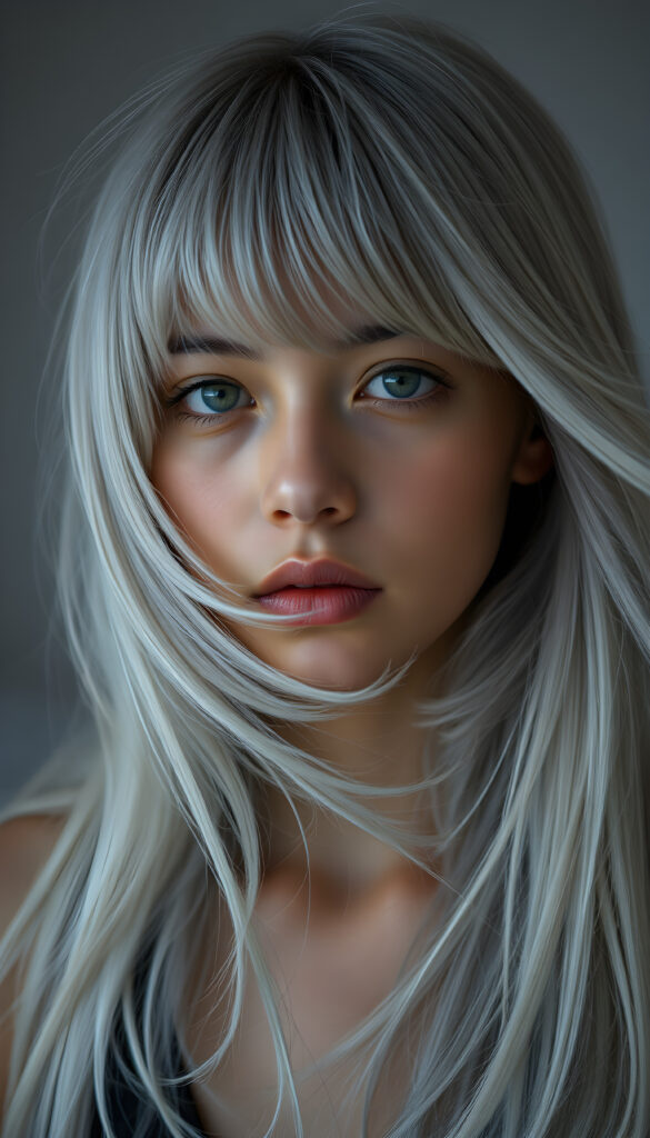a beautifully drawn (brown-skinned teen emo girl) with flowing, softly waving (straight white hair) framing her face in side bangs and highlighted by a contrasting light blue complexion, expressing a poignant feeling of melancholy and emotional detachment, set against a softly grey (backdrop)