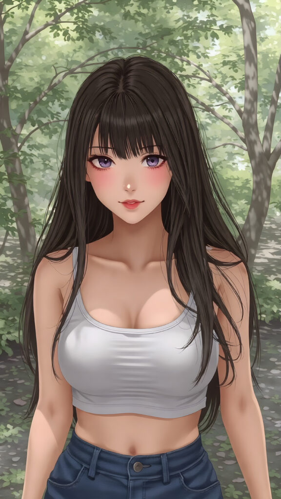 a beautifully drawn (((super realistic well busty Japanese teen girl))), with a curvy figure and intricate details, dressed in a (((super short, tight tank top))), paired with a (((round, short mini skirt))), poised in a playfully confident pose, with long, flowing hair and striking, perfectly detailed eyes, sunny green backdrop in park