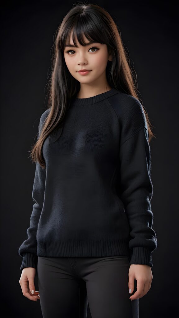 a beautifully drawn (((full body photo))), capturing a young ((teen girl)) with an realistic looking (((black thick, straight soft hair))), (realistic looking eyes) that convey a sense of warmth and vitality, dressed in a soft, ((black t-sirt)) that complements her natural-toned figure, embodying a youthful, innocent yet (mature) beauty that exudes confidence and allure. ((Black background))