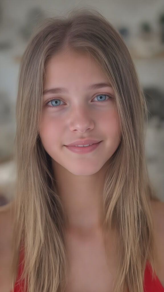 a beautifully drawn (((very young, petite and cute teen girl), with an exceptionally long, straight and thick, jet amber hair that reaches the middle of her ears and lightly curls around her face), with a fair complexion and (super realistic, vividly blue eyes) that match her perfectly symmetrical face. Her smile is bright and cheerful, and her face is perfectly symmetrical. (((She wears a sleek, modern and tight red tank top that perfectly complements her youthful figure, accentuating her perfect legs))) (((The scene is captured in a (very high resolution photo), at 8K resolution, with optimal brightness and clarity. The lighting is softly natural, as if capturing her in a moment of serenity. Her focus is on her full face, with the camera capturing her perfectly symmetrical features and detailed, hyper realistic skin.