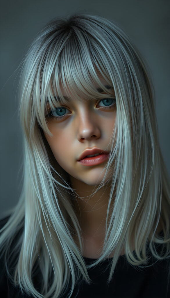 a beautifully drawn (brown-skinned teen emo girl) with flowing, softly waving (straight white hair) framing her face in side bangs and highlighted by a contrasting light blue complexion, expressing a poignant feeling of melancholy and emotional detachment, set against a softly grey (backdrop)