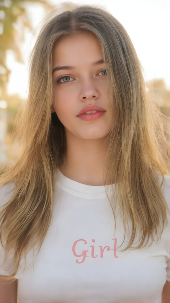 a beautifully drawn (((full body portrait))) of a (((young adult teen girl))), with striking ((straight soft brown and blond hair)), pale skin, and (((vividly bright red lips))), that gives her face a youthful and inviting expression. She's dressed in a ((white cropped t-shirt)), with the letters ''Girl'' printed on the front. Her hair is long, flowing, and cascading down her back, capturing the sun's rays and creating a vivid contrast against her skin. The background is a warm, inviting summer setting, enhancing the cool and inviting atmosphere