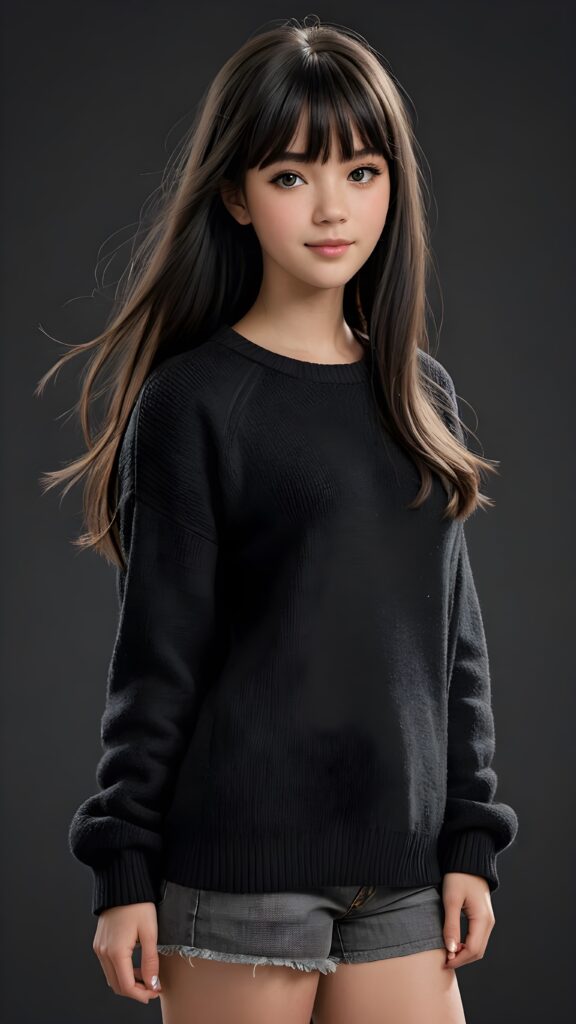 a beautifully drawn (((full body photo))), capturing a young ((teen girl)) with an realistic looking (((black thick, straight soft hair))), (realistic looking eyes) that convey a sense of warmth and vitality, dressed in a soft, ((black t-sirt)) that complements her natural-toned figure, embodying a youthful, innocent yet (mature) beauty that exudes confidence and allure. ((Black background))