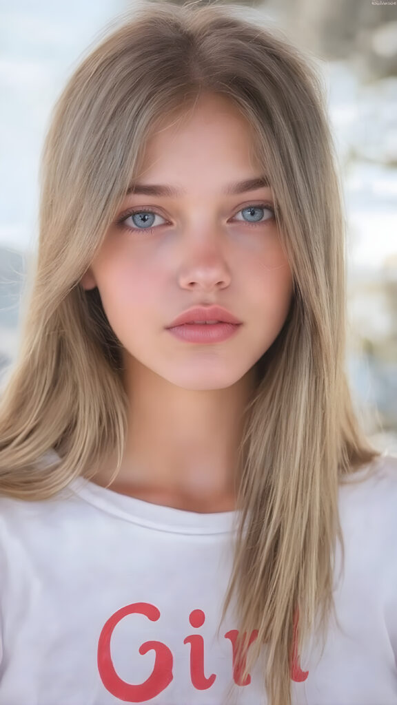 a beautifully drawn (((full body portrait))) of a (((young adult teen girl))), with striking ((straight soft brown and blond hair)), pale skin, and (((vividly bright red lips))), that gives her face a youthful and inviting expression. She's dressed in a ((white cropped t-shirt)), with the letters ''Girl'' printed on the front. Her hair is long, flowing, and cascading down her back, capturing the sun's rays and creating a vivid contrast against her skin. The background is a warm, inviting summer setting, enhancing the cool and inviting atmosphere