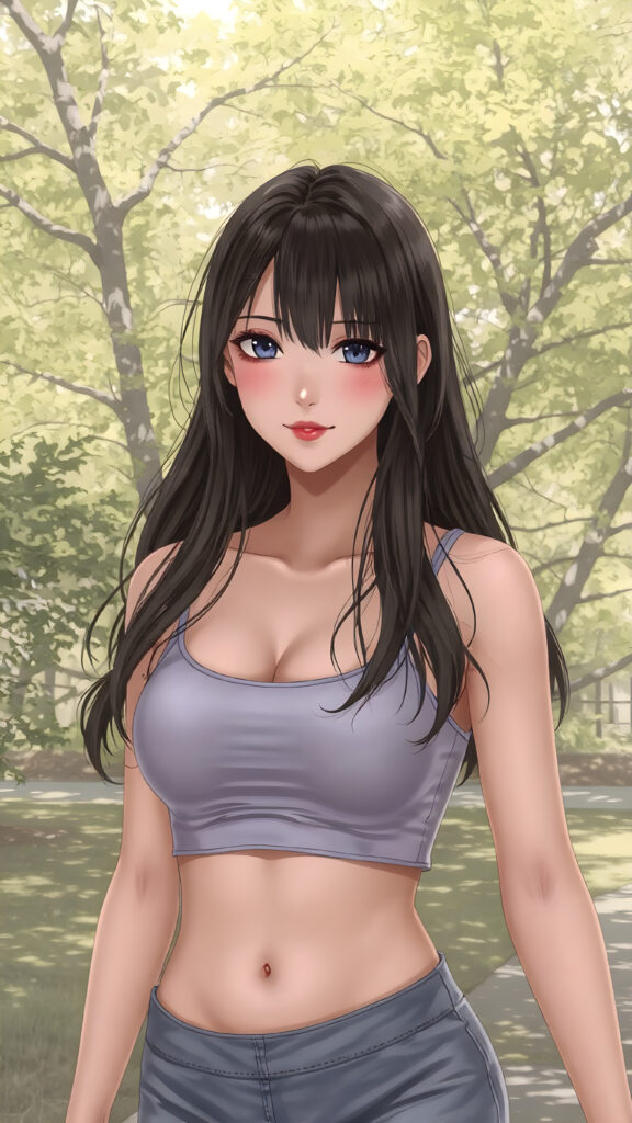 a beautifully drawn (((super realistic well busty Japanese teen girl))), with a curvy figure and intricate details, dressed in a (((super short, tight tank top))), paired with a (((round, short mini skirt))), poised in a playfully confident pose, with long, flowing hair and striking, perfectly detailed eyes, sunny green backdrop in park