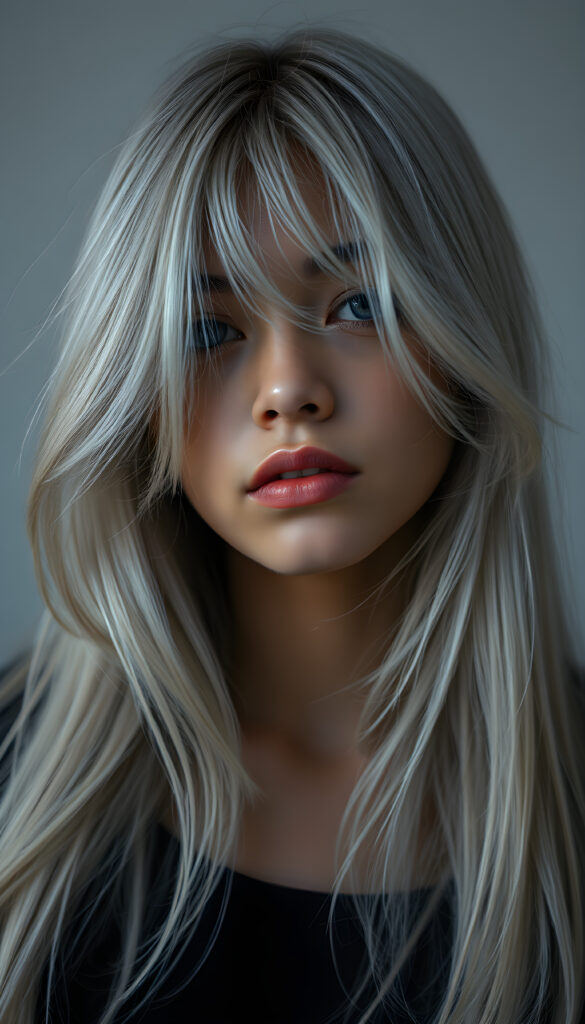 a beautifully drawn (brown-skinned teen emo girl) with flowing, softly waving (straight white hair) framing her face in side bangs and highlighted by a contrasting light blue complexion, expressing a poignant feeling of melancholy and emotional detachment, set against a softly grey (backdrop)