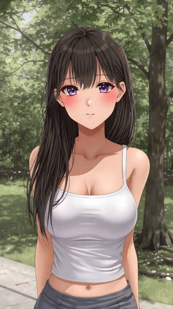 a beautifully drawn (((super realistic well busty Japanese teen girl))), with a curvy figure and intricate details, dressed in a (((super short, tight tank top))), paired with a (((round, short mini skirt))), poised in a playfully confident pose, with long, flowing hair and striking, perfectly detailed eyes, sunny green backdrop in park