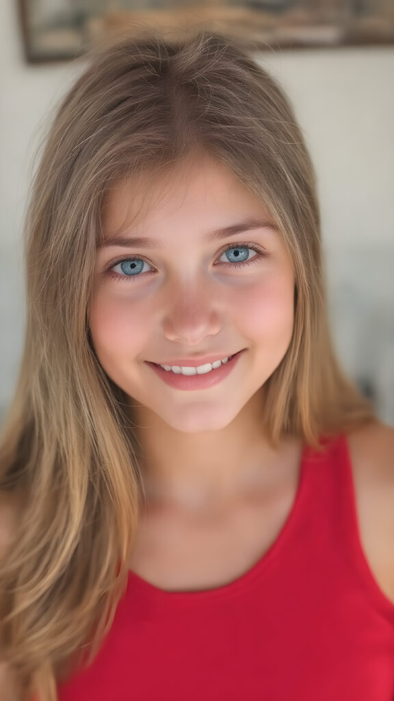 a beautifully drawn (((very young, petite and cute teen girl), with an exceptionally long, straight and thick, jet amber hair that reaches the middle of her ears and lightly curls around her face), with a fair complexion and (super realistic, vividly blue eyes) that match her perfectly symmetrical face. Her smile is bright and cheerful, and her face is perfectly symmetrical. (((She wears a sleek, modern and tight red tank top that perfectly complements her youthful figure, accentuating her perfect legs))) (((The scene is captured in a (very high resolution photo), at 8K resolution, with optimal brightness and clarity. The lighting is softly natural, as if capturing her in a moment of serenity. Her focus is on her full face, with the camera capturing her perfectly symmetrical features and detailed, hyper realistic skin.