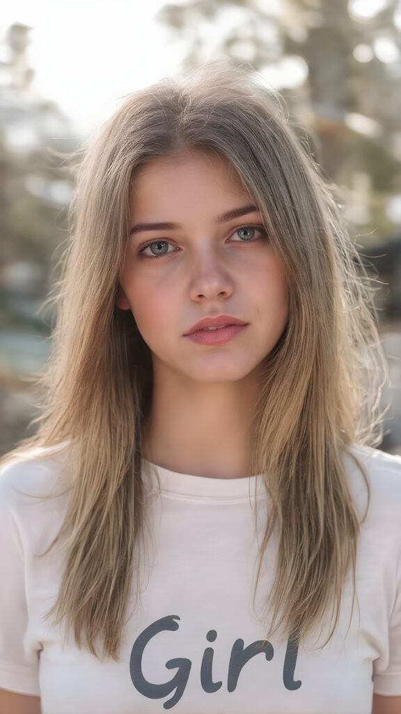a beautifully drawn (((full body portrait))) of a (((young adult teen girl))), with striking ((straight soft brown and blond hair)), pale skin, and (((vividly bright red lips))), that gives her face a youthful and inviting expression. She's dressed in a ((white cropped t-shirt)), with the letters ''Girl'' printed on the front. Her hair is long, flowing, and cascading down her back, capturing the sun's rays and creating a vivid contrast against her skin. The background is a warm, inviting summer setting, enhancing the cool and inviting atmosphere