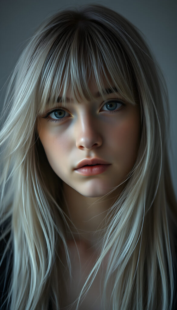 a beautifully drawn (brown-skinned teen emo girl) with flowing, softly waving (straight white hair) framing her face in side bangs and highlighted by a contrasting light blue complexion, expressing a poignant feeling of melancholy and emotional detachment, set against a softly grey (backdrop)