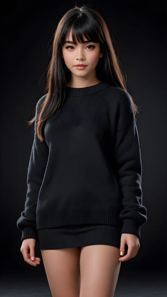 a beautifully drawn (((full body photo))), capturing a young ((teen girl)) with an realistic looking (((black thick, straight soft hair))), (realistic looking eyes) that convey a sense of warmth and vitality, dressed in a soft, ((black t-sirt)) that complements her natural-toned figure, embodying a youthful, innocent yet (mature) beauty that exudes confidence and allure. ((Black background))