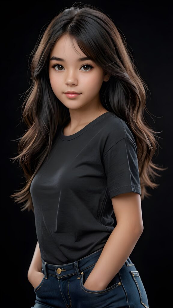 a beautifully drawn (((full body photo))), capturing a young ((teen girl)) with an realistic looking (((black thick, straight soft hair))), (realistic looking eyes) that convey a sense of warmth and vitality, dressed in a soft, ((black t-sirt)), ((short jeans pants)) that complements her natural-toned figure, embodying a youthful, innocent yet (mature) beauty that exudes confidence and allure. ((Black background))
