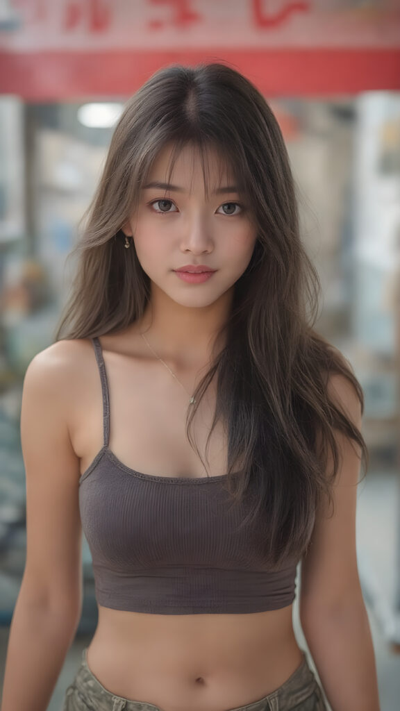 a beautifully drawn (((super realistic Japanese teen girl))), with a curvy figure and intricate details, dressed in a (((super short, tight tank top))), paired with a (((round, short mini skirt))), poised in a playfully confident pose, with long, flowing hair and striking, perfectly detailed eyes