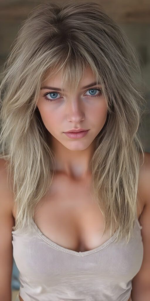 a beautifully drawn (((dirty busty teen girl))), with (((long wavy blond messy hair))), (((silver skin))), and (((thin clothes))), wearing (((beige short pants))), sporting short tank top with deep v-neck, and (((dusty blue eyes)))