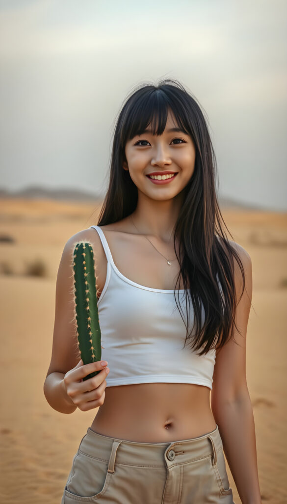 a beautifully (((super realistic young Korean girl, perfect bangs))), she stands alone in a sandy yellow desert and she is holding a cactus in her hand, with a curvy figure and intricate details, dressed in a (((super short, tight white tank top))), paired with a (((round, short mini skirt))), with long, straight black hair falls down to her waist with blond highlights, happy, white teeth, stunning, realistic, detailed