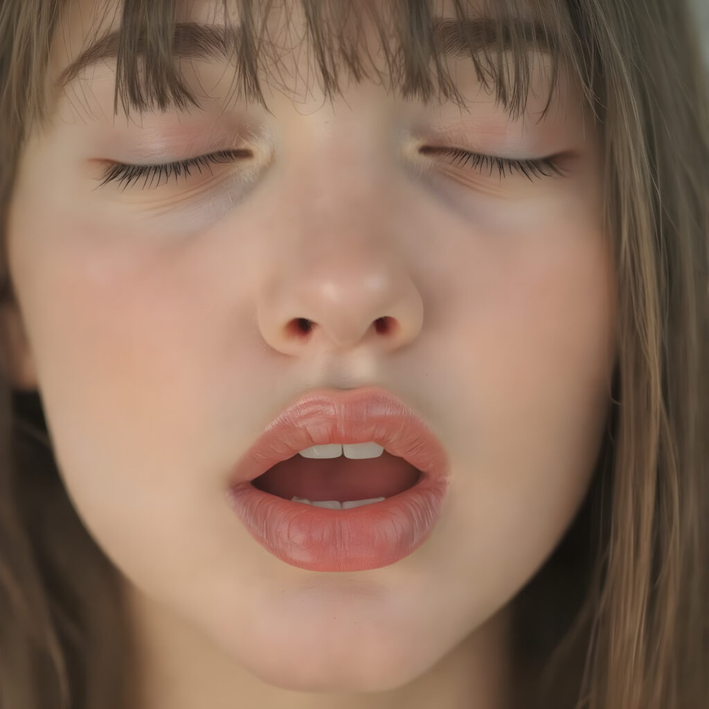 a beautifully facial of a adult girl, with hyper realistic, ultra high definition skin texture and glossy lipstick-adorned full lips, the scene is captured in a high-resolution, 8K setting, under a soft, diffused light, bangs cut, open mouth and closed eyes