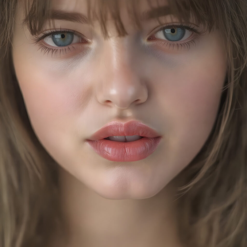 a beautifully face of a adult girl, with hyper realistic, ultra high definition skin texture and glossy lipstick-adorned full lips, the scene is captured in a high-resolution, 8K setting, under a soft, diffused light, bangs cut, open mouth