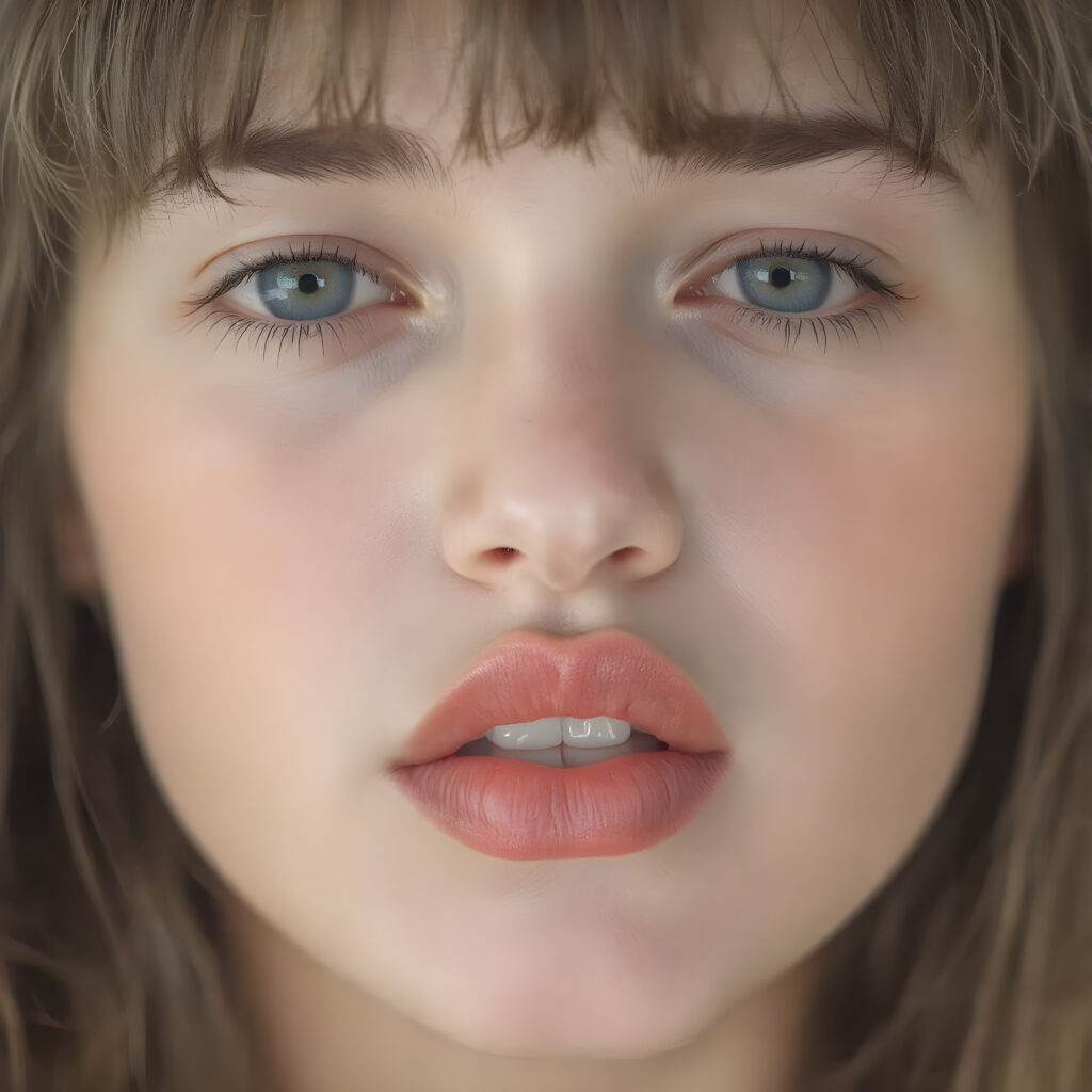 a beautifully face of a adult girl, with hyper realistic, ultra high definition skin texture and glossy lipstick-adorned full lips, the scene is captured in a high-resolution, 8K setting, under a soft, diffused light, bangs cut, open mouth
