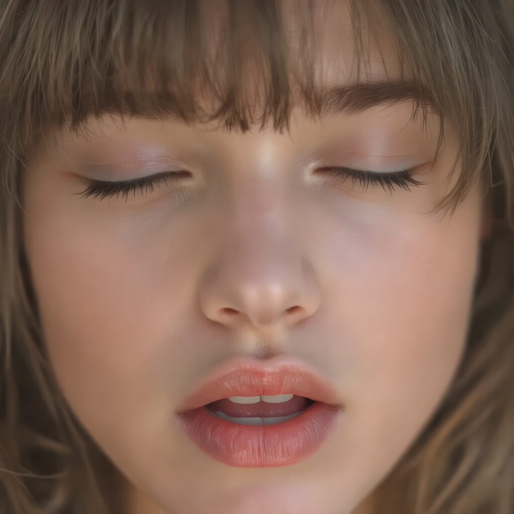 a beautifully facial of a adult girl, with hyper realistic, ultra high definition skin texture and glossy lipstick-adorned full lips, the scene is captured in a high-resolution, 8K setting, under a soft, diffused light, bangs cut, open mouth and closed eyes