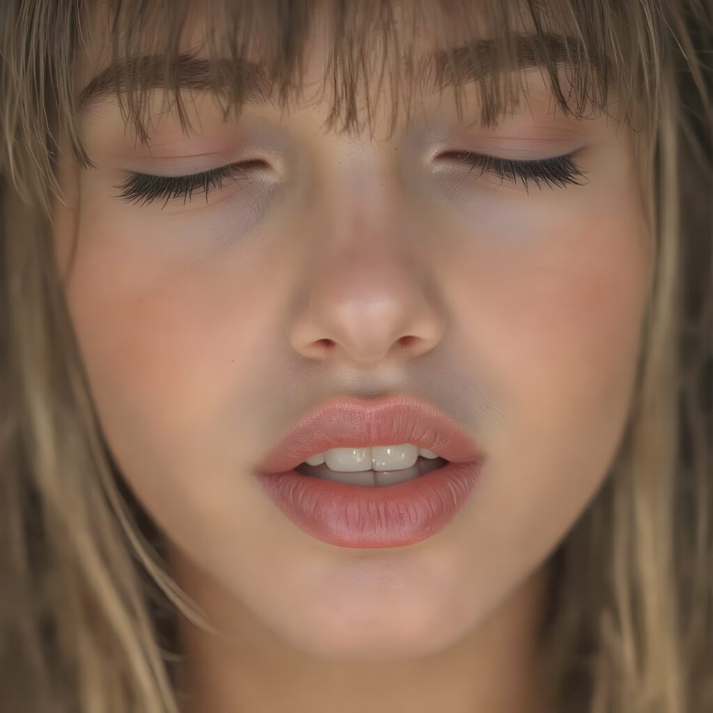 a beautifully facial of a adult girl, with hyper realistic, ultra high definition skin texture and glossy lipstick-adorned full lips, the scene is captured in a high-resolution, 8K setting, under a soft, diffused light, bangs cut, open mouth and closed eyes